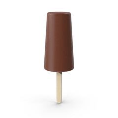 Eskimo geometrical round vertical ice cream with chocolate on a wooden stick 3D render, Close-up view of ice cream in chocolate glaze