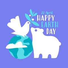 Earth day greeting card with polar bear and white dove holding olive branch while sitting on Earth planet globe. Clear and simple vector illustration