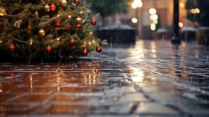 Christmas tree on a city street. Wet asphalt, it's raining.