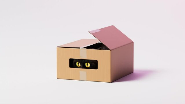 Black cat with glowing eyes peeking out of a box, playfully reaching out its paw