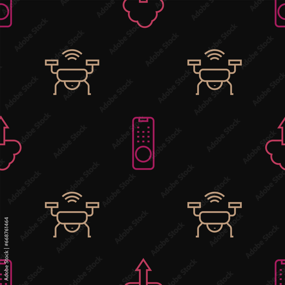 Poster set line cloud download, smart drone system and remote control on seamless pattern. vector