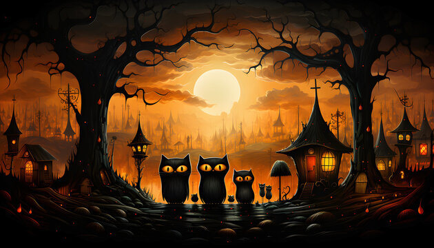 The full moon on halloween in village of three black cats with large eyes are standing in front, Generative AI