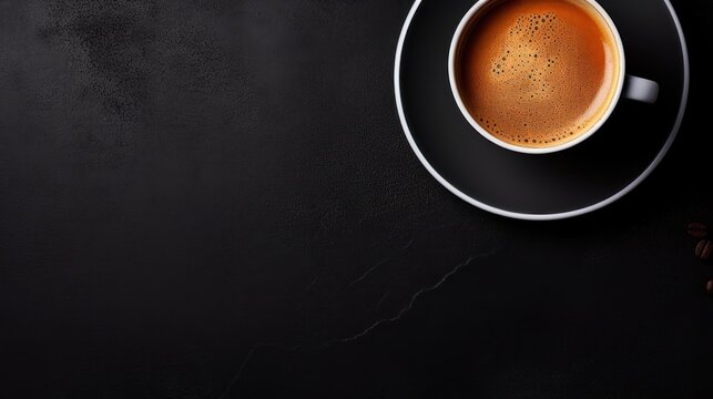 Top view, black coffee cup on rough black table, coffee against wooden background, copy space