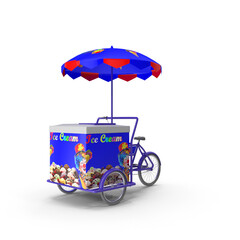 3D Ice cream Cart rickshaw bike with branded large umbrella shade, Street cart with awning. Mockup template for branding and product designs. Easy to use for advertising branding and marketing.