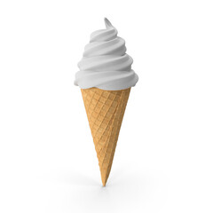 Realistic soft ice cream waffle cone. Soft serve ice cream, 3d rendering sundae swirl in wafer cone or machine vanilla ice cream. Fast food restaurant frozen dessert © 2D