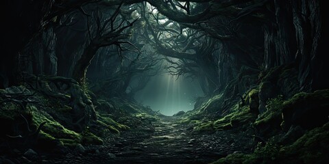An eerie and mysterious forest in a parallel universe where the laws of nature differ from our own. Concept of extraterrestrial landscape by Generative AI - obrazy, fototapety, plakaty