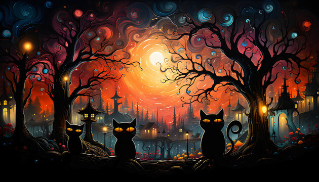 The halloween season with the cats and a view of the fantastical city full of flowers and houses, Generative AI