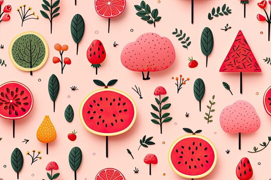 seamless pattern with cute fruits illustrations,a simple design for baby room decor and nursery decoration.cartoon fruits illustrations for nursery pattern.

