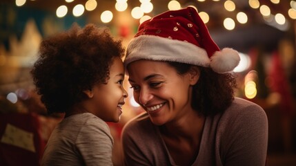Portrait of a happy african american mother and her little daughter celebrating Christmas at home