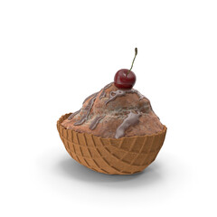 Chocolate ice cream waffle cup and cherry, Chocolate chip Ice cream with waffle basket, 3D Rendering