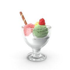 Vanilla, strawberry, and chocolate ice cream scoops with wafer stick in sundae bowl or ice cream in sundae dish isolated on a white background. 3D rendering