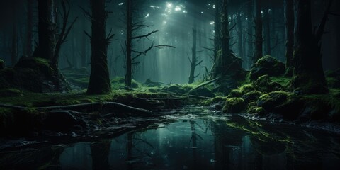 An eerie and mysterious forest in a parallel universe where the laws of nature differ from our own. Concept of extraterrestrial landscape by Generative AI