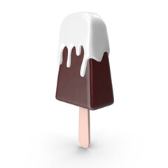 A chocolate ice cream suspended in the air while bathed in milk from above, 3D Rendering