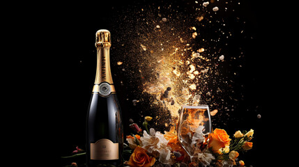 New year party concept with a exploding champagne bottle