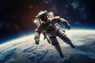 Fototapeta na wymiar astronaut in a spacesuit in outer space against the backdrop of the Earth. Beautiful panorama.
