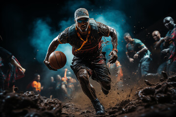 Man with basketball gracefully executing intricate moves with abstract background showcasing the sport's elegance and athleticism on world basketball day, 21 December