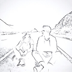 A man and a woman are sitting on a road among the mountains and looking at each other