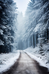 Paisaje de bosque de abetos en invierno, cubierto de nieve, niebla atravesado por una carretera solitaria