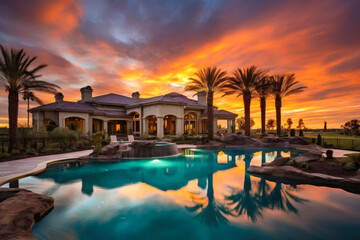 Fototapeta na wymiar Majestic Mansion Poolside Sunset