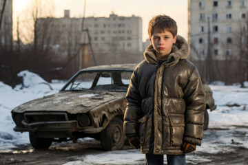 little boy in dirty clothes against the backdrop of the ghetto and a burnt car.