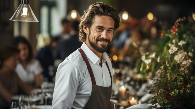 Male waiter in an expensive restaurant. Service staff in a suit takes your order. Elegant dress code for work. A smiling and friendly man delivers food and drinks.
