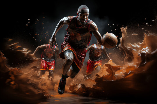 Players with basketball gracefully executing intricate moves with abstract background showcasing the sport's elegance and athleticism on world basketball day (21st December)