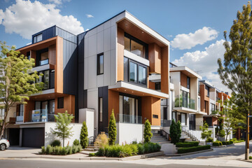 Street with modern modular private townhouses. Appearance of residential architecture