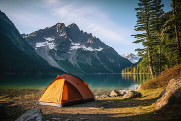 Fototapeta na wymiar Camping. Tent on the shore of a lake against the backdrop of a beautiful forest and mountains.