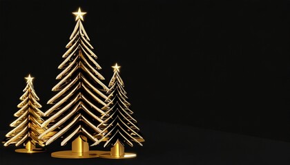 Elegant New Year and Christmas Trees for Holiday, Luxury Design with Golden and Black Festive Elements. 3D Xmas trees with Copy Space.
