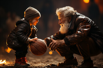 Young child learning the sport from an experienced elder on World Basketball Day, showing intergenerational love for basketball