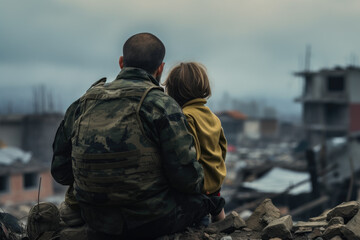Saving a child. A soldier and a child look at a war-torn city.