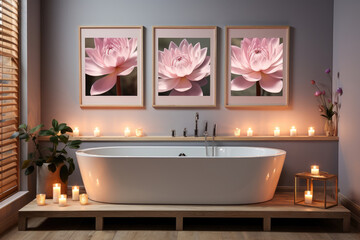 Soothing bathroom interior with a freestanding tub, floral artwork, and a serene candlelit ambiance.