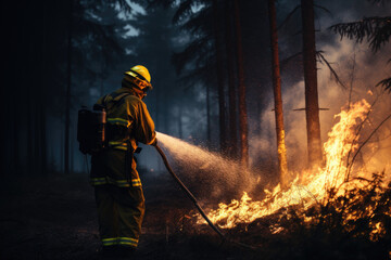 Naklejka premium Firefighters extinguish a forest fire. Fire in the forest. 