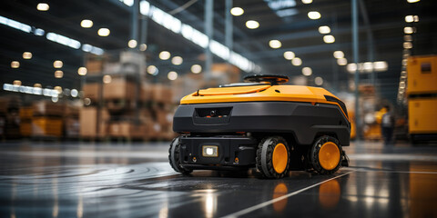 Yellow automatic robot for cleaning and cleaning warehouse or premises. Generative AI - obrazy, fototapety, plakaty