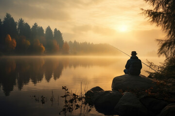 fisherman catches fish with a fishing rod against the backdrop of a beautiful landscape of a lake and forest. - obrazy, fototapety, plakaty