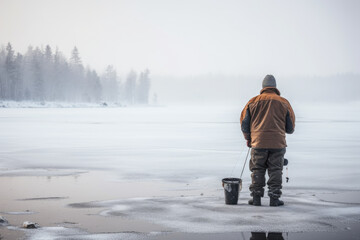 Fototapeta na wymiar Winter fishing. A fisherman catches fish with a fishing rod against the backdrop of a beautiful winter landscape.