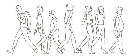 Men, women walk.