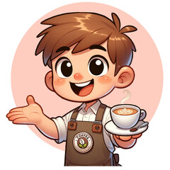 Cute boy barista, cartoon, vector illustration