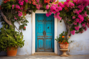 Fototapeta na wymiar Charming Wooden Entrance Door Surrounded by Vibrant Flora