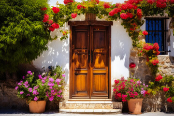 Fototapeta na wymiar Enchanting Wooden Doorway: A Floral Oasis Beckons