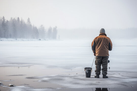 Winter fishing. A fisherman catches fish with a fishing rod against the backdrop of a beautiful winter landscape.