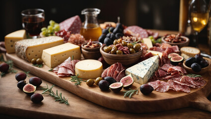 An elegant charcuterie board adorned with an array of artisanal cheeses, cured meats, olives, and figs. - obrazy, fototapety, plakaty
