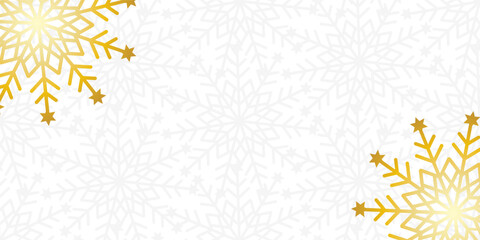 Elegant gold white snowflake seamless vector border. Christmas and New Year backdrop with golden gradient snowflakes. Metallic effect. Winter holidays theme with space for your own text copy.