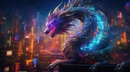Cybernetic Dragon Over Metropolis. AI Surreal Marvels
