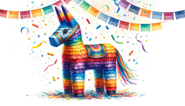 Watercolor illustration of colorful funny donkey pinata against white background with papel picado and confetti. Hispanic decoration for Las Posadas
