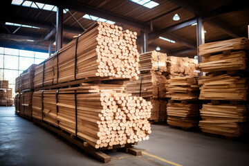Piles of Timber in a Storage Facility - obrazy, fototapety, plakaty
