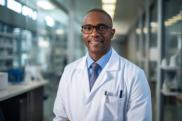Fototapeta premium Head shot portrait smart confident smiling man standing at work. Professional business photo of smiling dark skinned male doctor in the operating room in hospital, health care, medicine, surgery. 