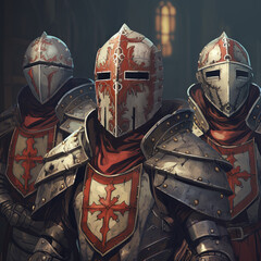 Mystic knight portraits in metal armor. Occult scary knights in medieval alchemy art style.