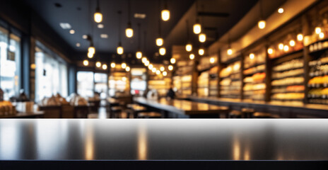 Empty metallic counter with soft-focused modern cafe ambiance; for food or drink adverts.