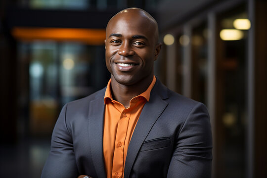 Professional business man head shot photo portrait of confident smiling male dark skinned employee in black jacket in the office, finance, marketing, it, bank field of activity. 